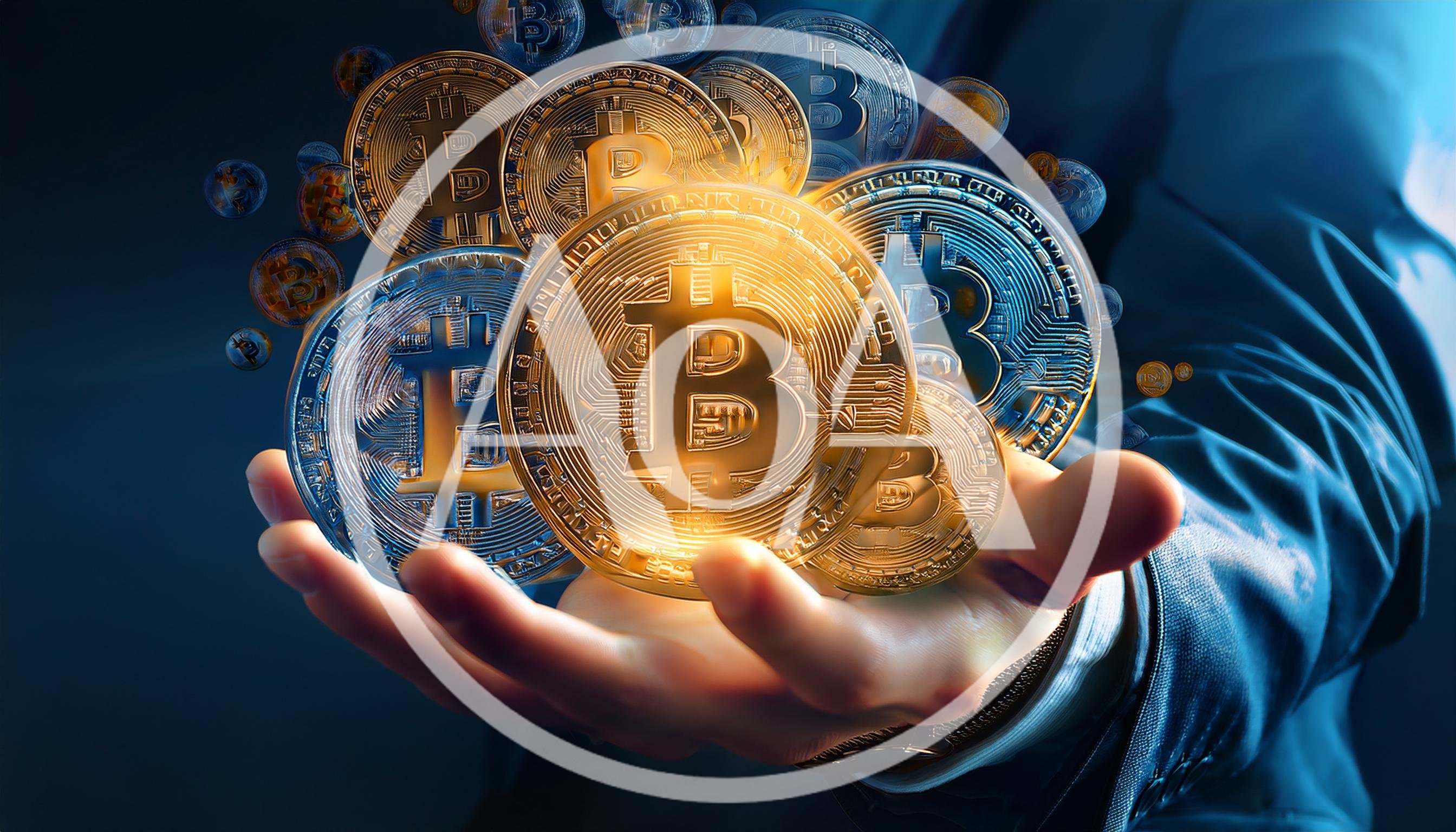 Businessman Holding Glowing Digital Bitcoin Cryptocurrency Coins