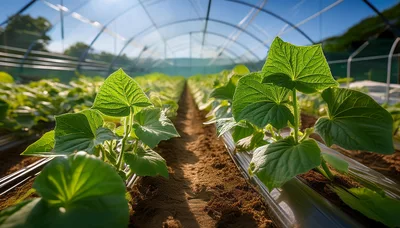 Young Cucumber Plants Growing Inside A Greenhouse
