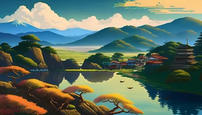 Traditional Japanese Village Landscape With Pagoda And Mountains