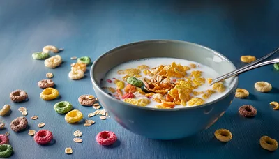 Bowl of Cereal with Milk and Scattered Loops