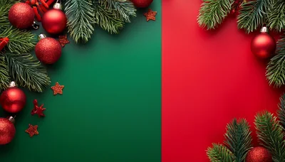 Christmas Holiday Background With Red Ornaments And Pine Branches