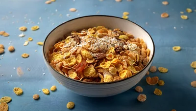 Bowl Of Crunchy Breakfast Cereal On Blue Surface