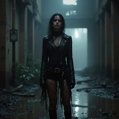 Gothic Woman Standing In A Rainy Abandoned Alleyway