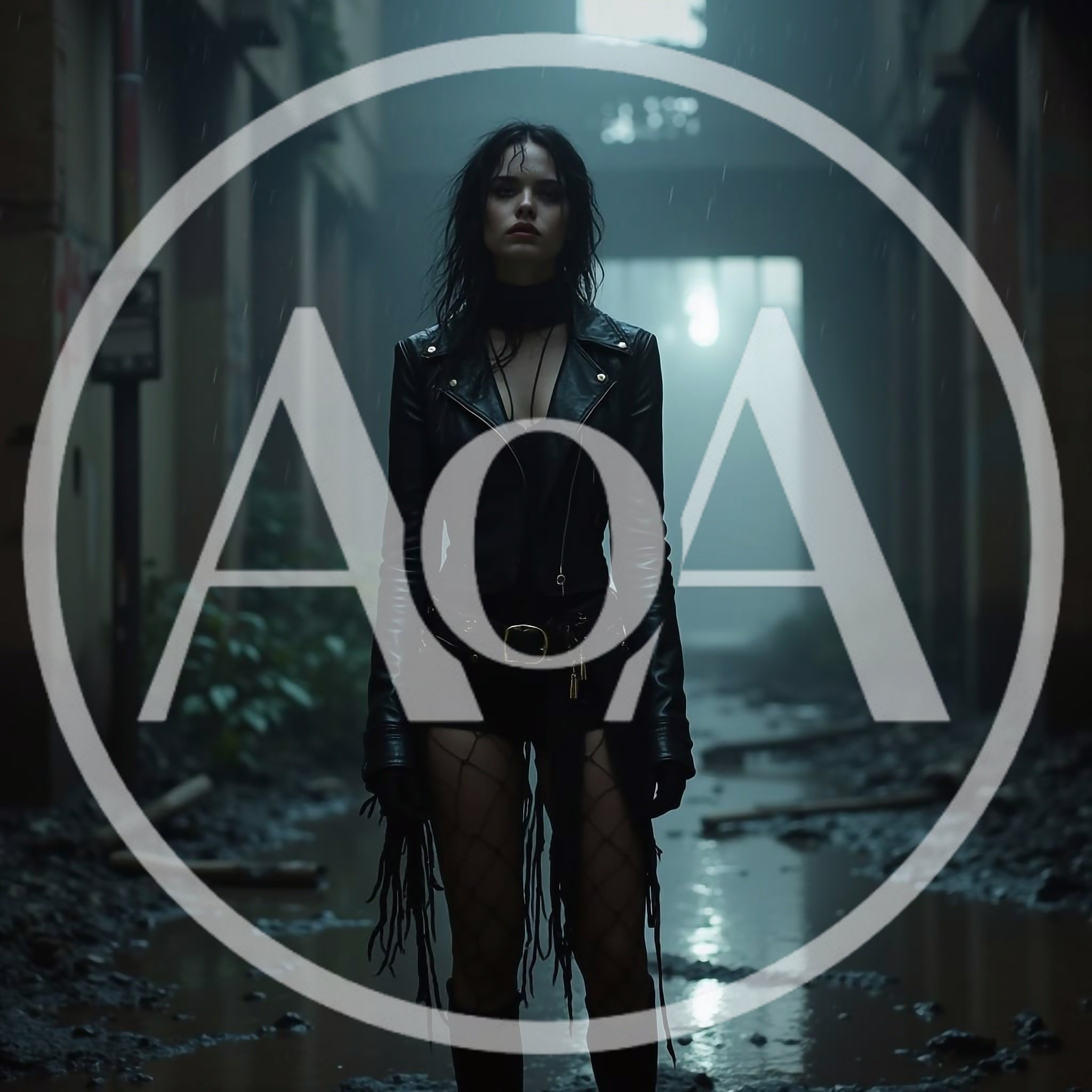 Gothic Woman Standing In A Rainy Abandoned Alleyway