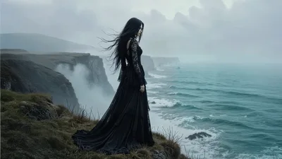 Gothic Woman Standing On A Misty Coastal Cliff