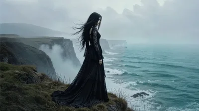Gothic Woman Standing On A Misty Coastal Cliff
