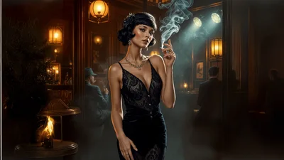 Elegant Flapper Woman Smoking In A Vintage Jazz Club