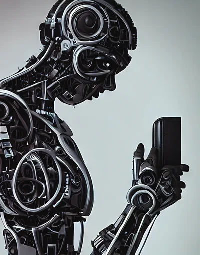 Cybernetic Android Examining A Black Smartphone Device