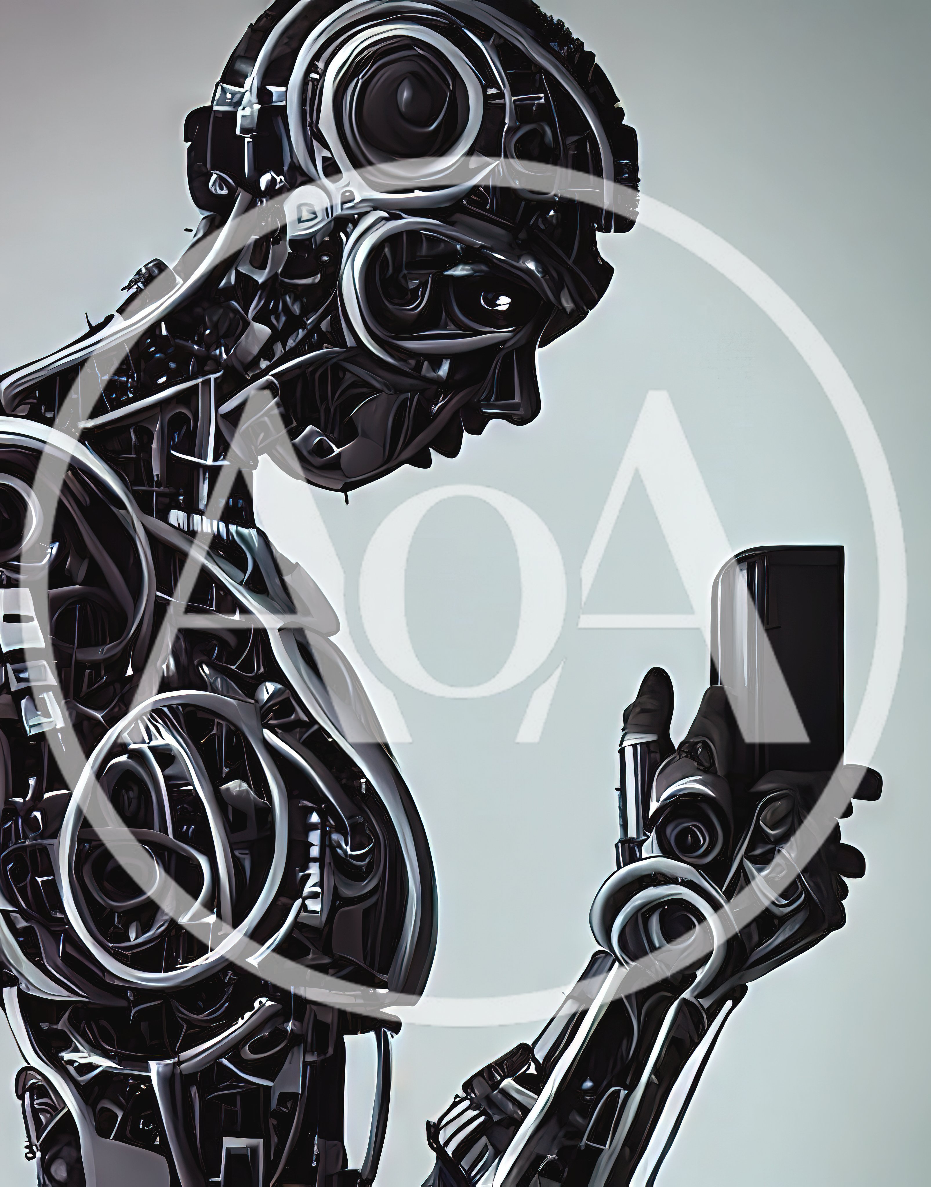 Cybernetic Android Examining A Black Smartphone Device