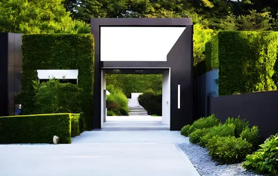 Modern Minimalist Entrance With Lush Green Landscaping