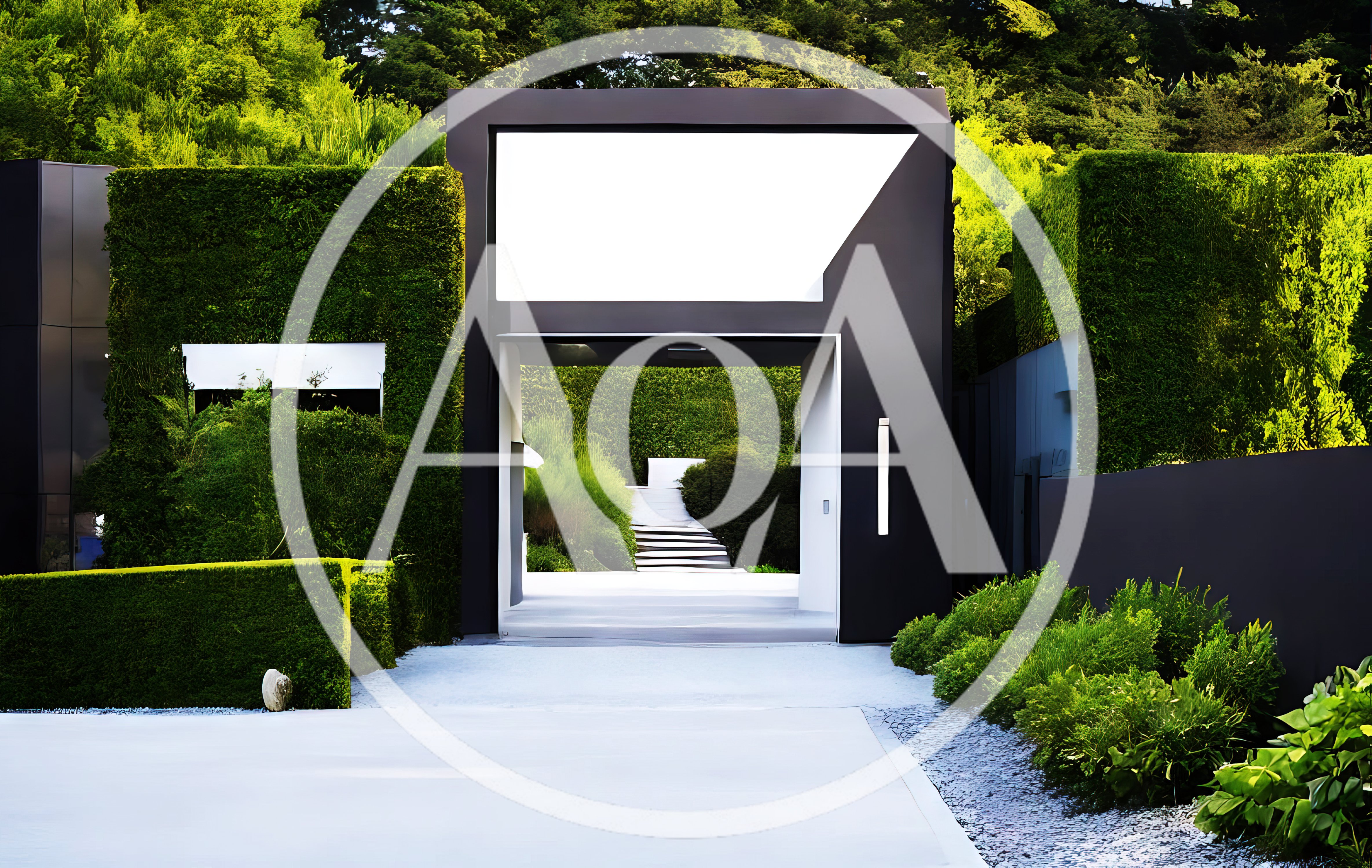Modern Minimalist Entrance With Lush Green Landscaping