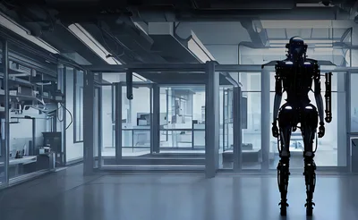 Futuristic Android Standing In A Modern Laboratory