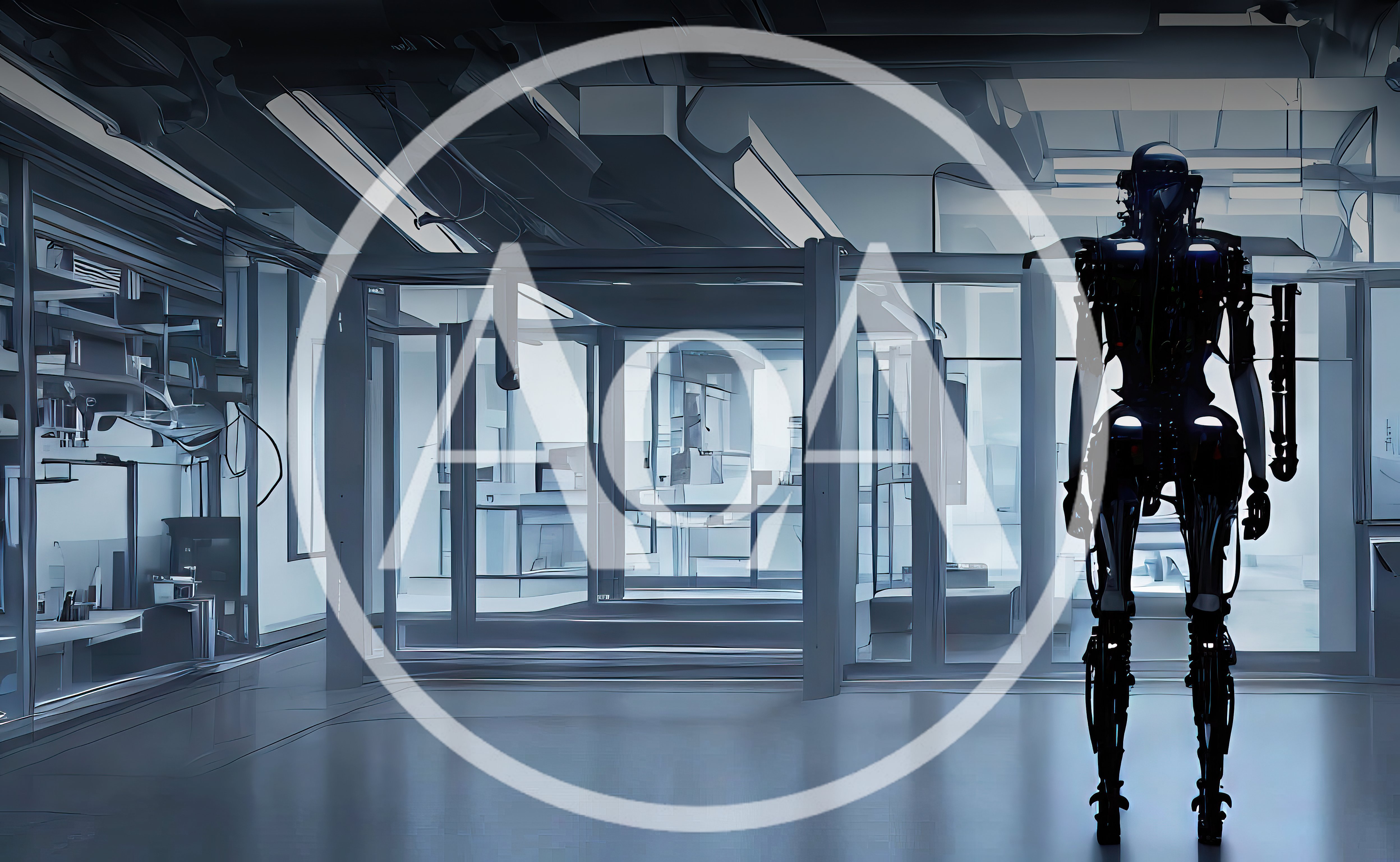 Futuristic Android Standing In A Modern Laboratory