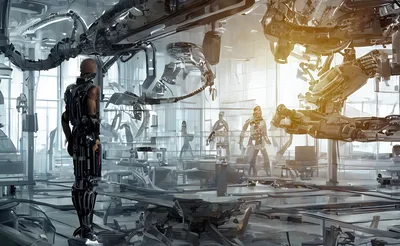 Cyborg Standing In A Futuristic High Tech Laboratory
