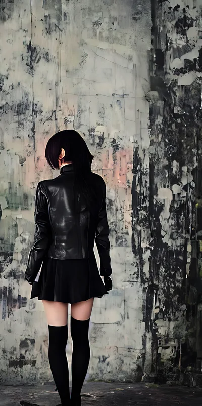 Anime Style Girl Standing Against A Distressed Wall