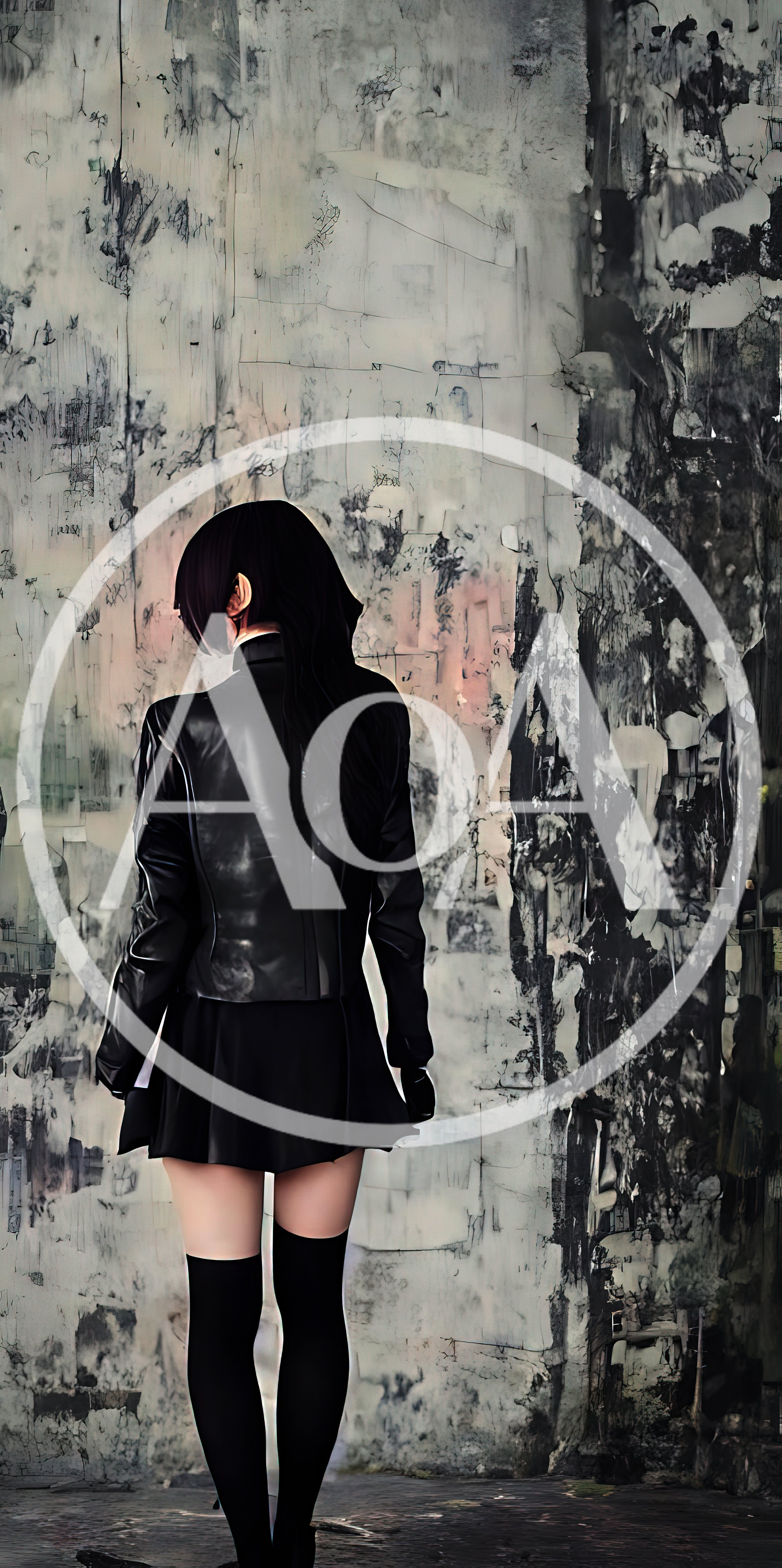 Anime Style Girl Standing Against A Distressed Wall