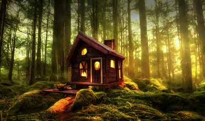 Small Wooden Cabin In A Misty Enchanted Forest