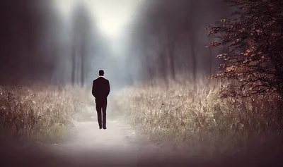 Silhouette Of A Man Walking On A Misty Path