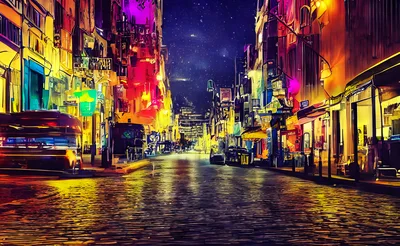 Vibrant Nighttime Street Scene With Colorful Urban Lighting