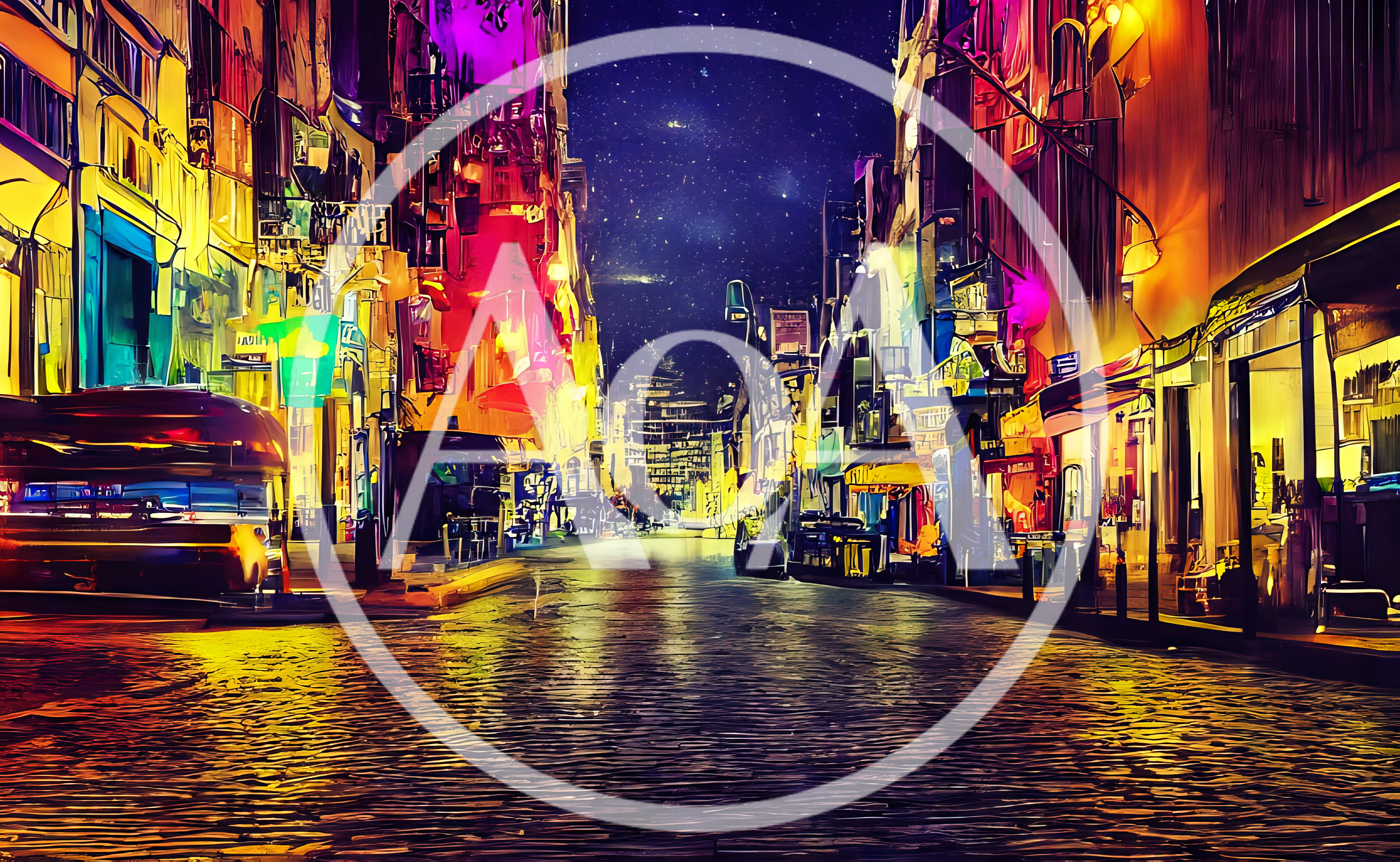 Vibrant Nighttime Street Scene With Colorful Urban Lighting