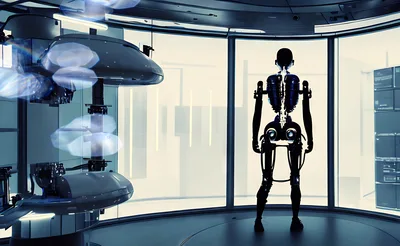 Futuristic Android Standing In A High Tech Laboratory