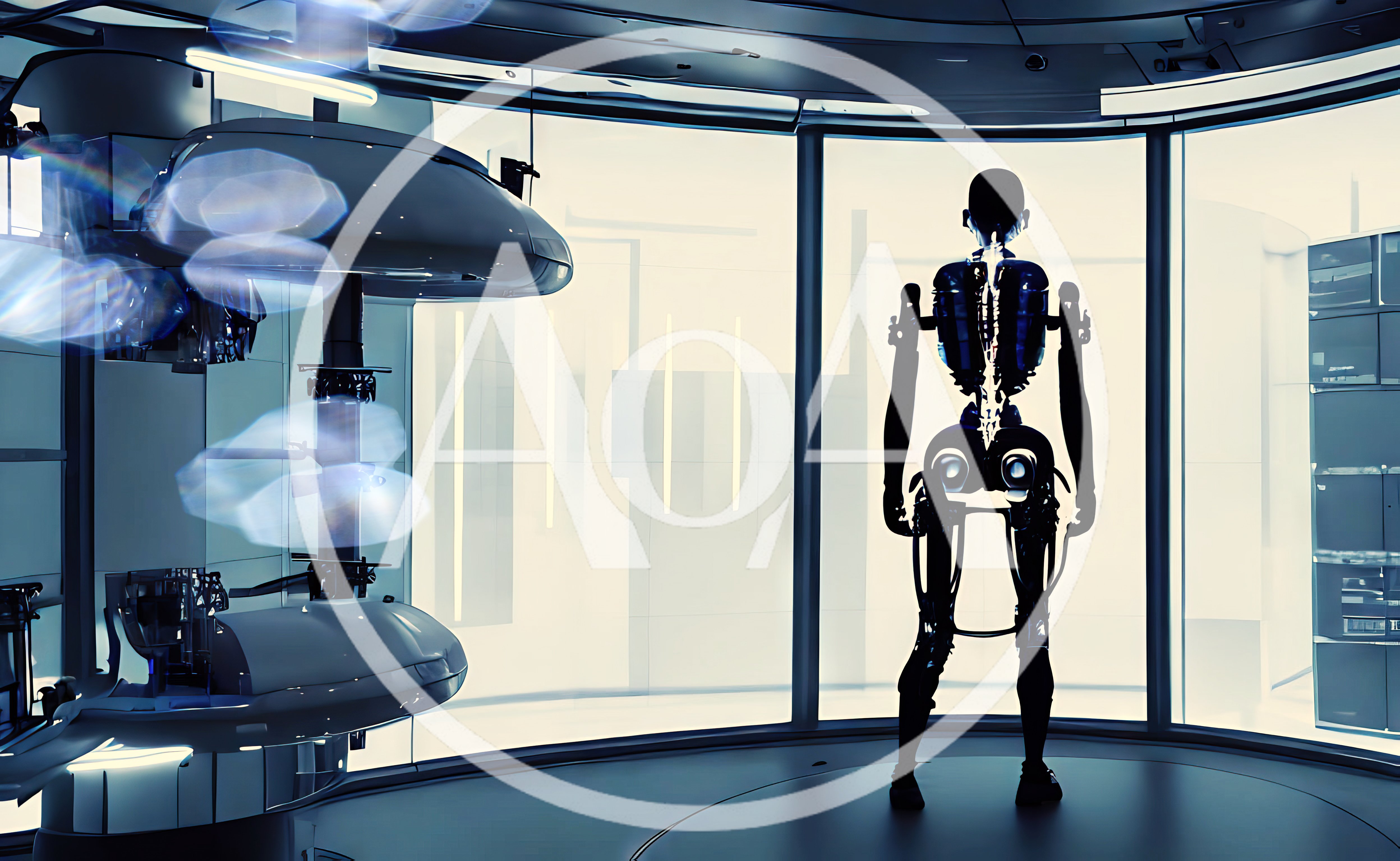 Futuristic Android Standing In A High Tech Laboratory