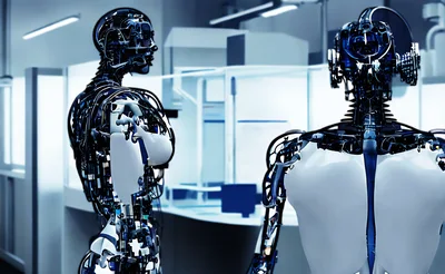 Two Futuristic Androids Standing In A High Tech Laboratory