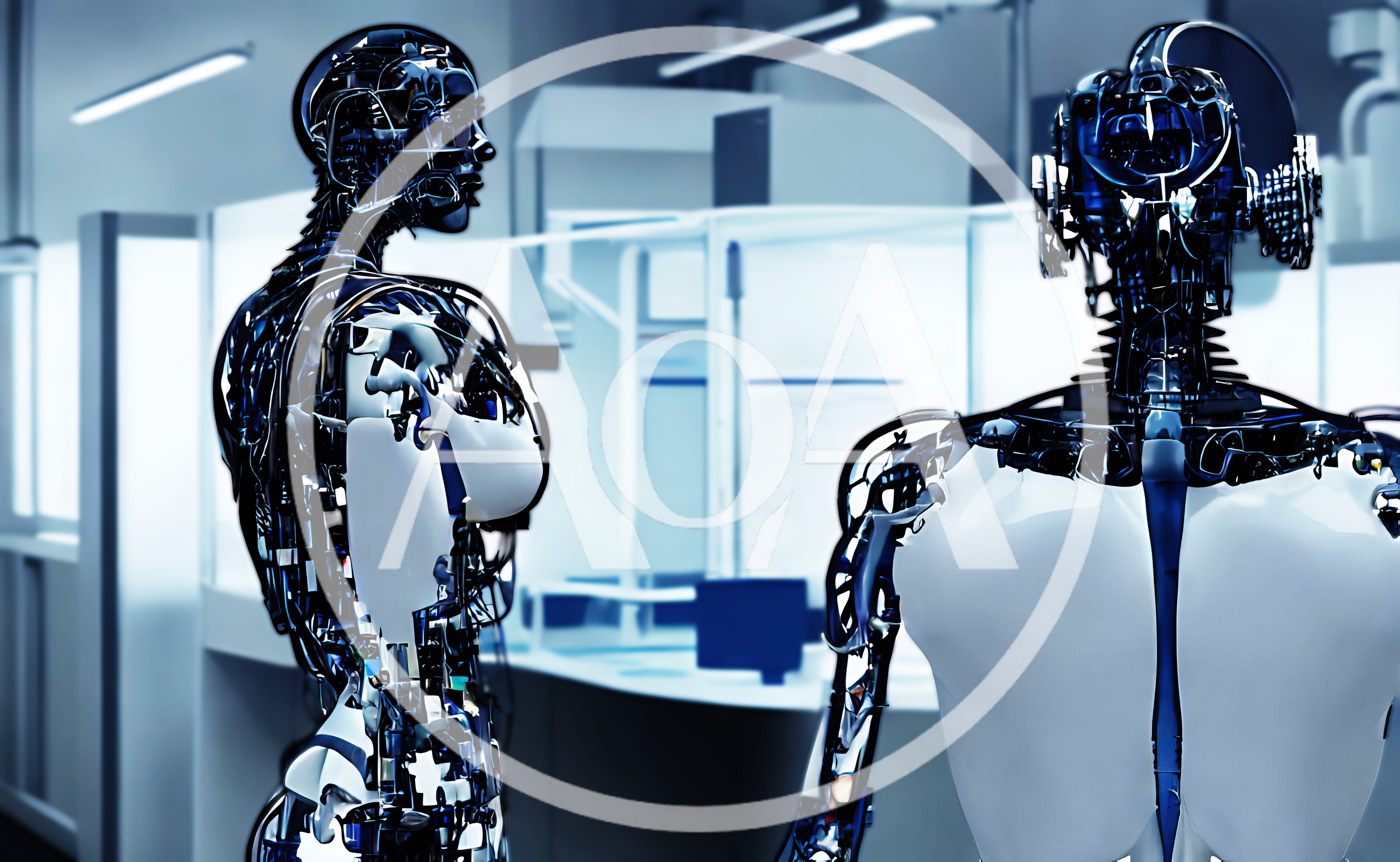 Two Futuristic Androids Standing In A High Tech Laboratory