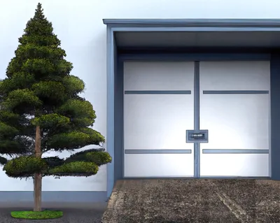 Modern Industrial Building Entrance With Decorative Conifer Tree