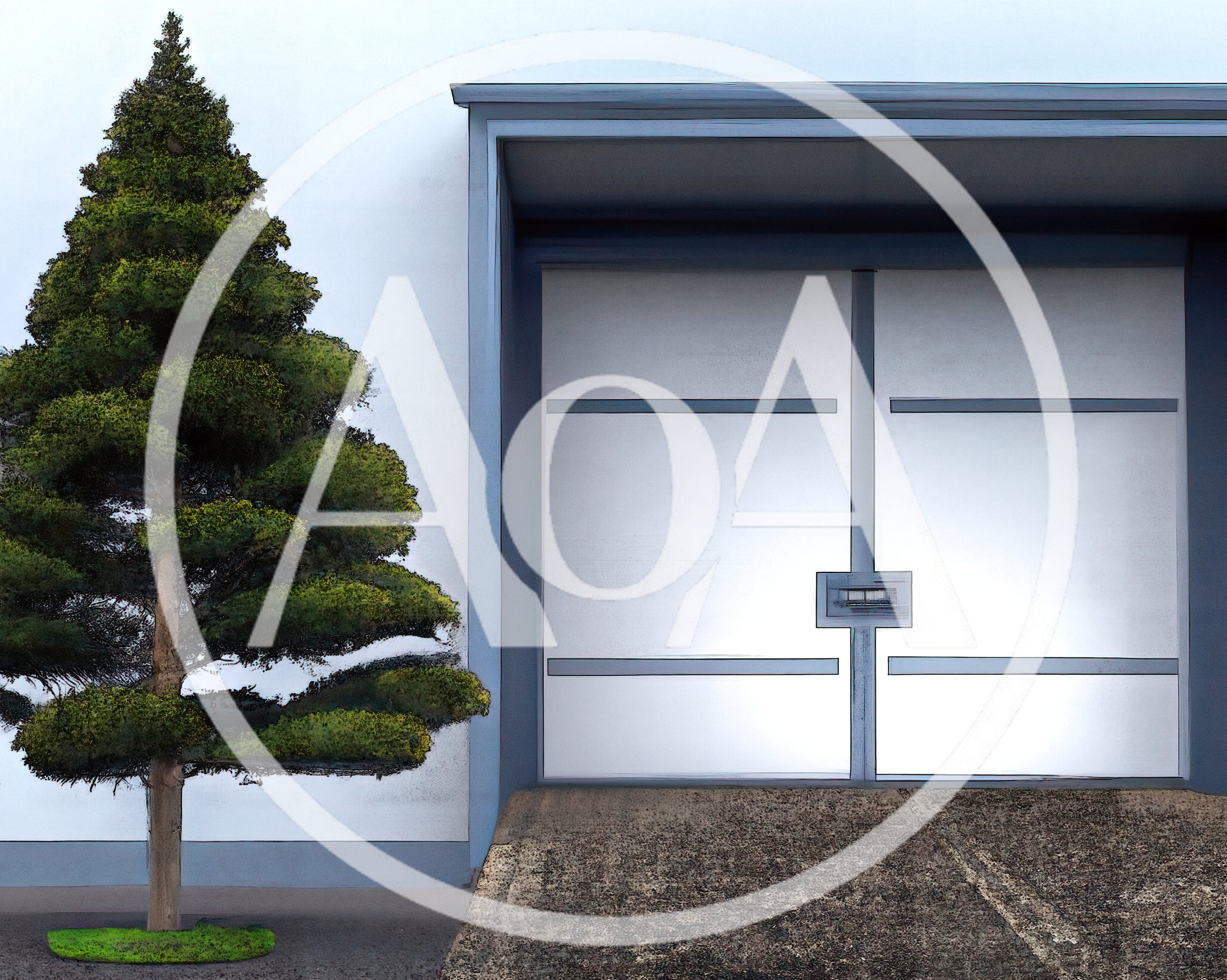 Modern Industrial Building Entrance With Decorative Conifer Tree
