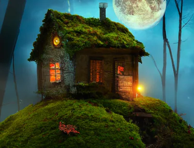 Small Mossy Cottage In A Magical Forest At Night