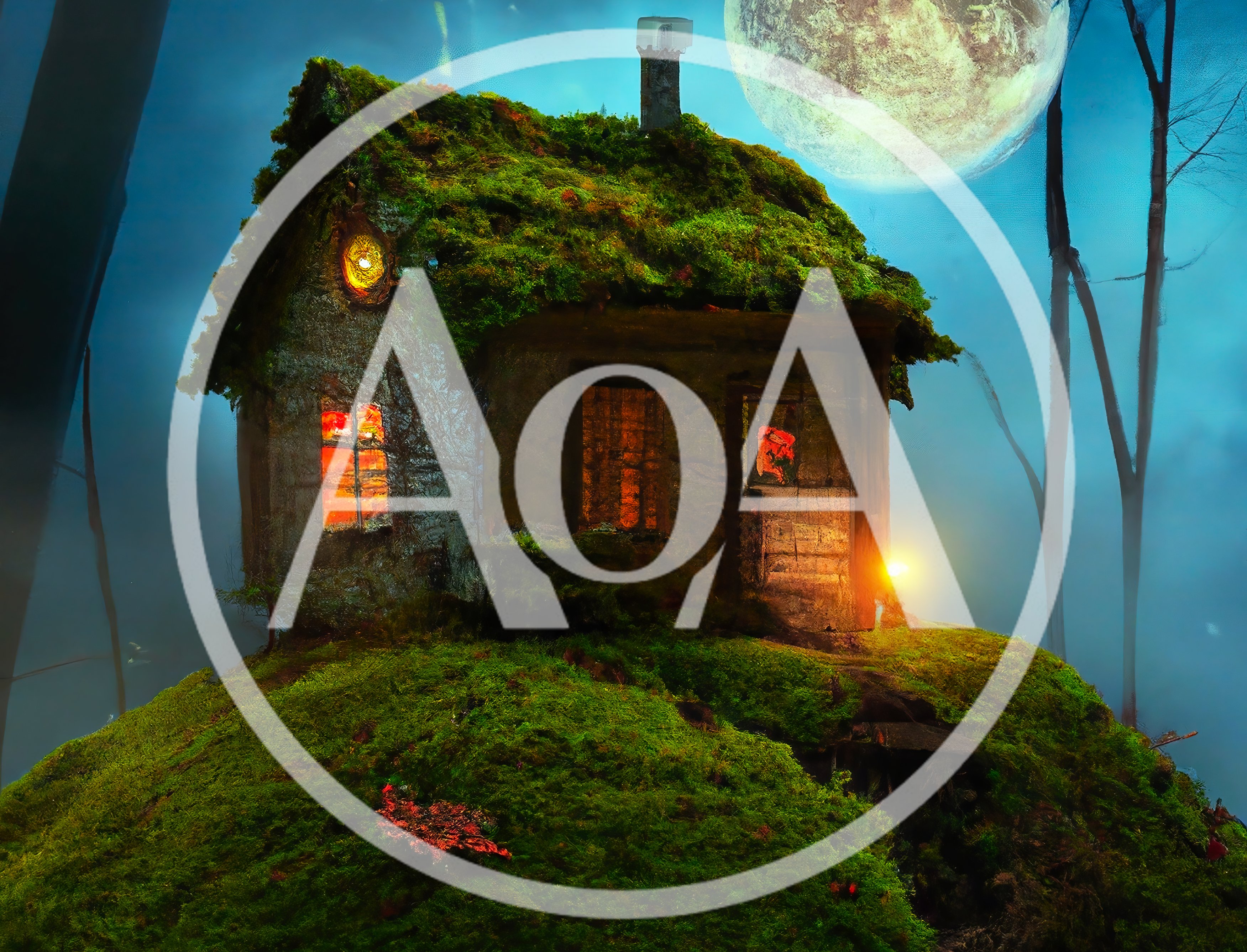 Small Mossy Cottage In A Magical Forest At Night