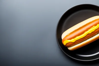 Hot Dog With Mustard On A Black Plate