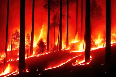 Intense Forest Fire Burning Through Dense Woodland