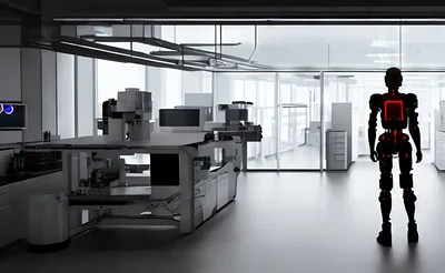 Futuristic Humanoid Robot Standing In A Modern Laboratory
