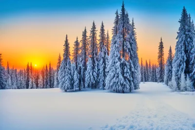 Snow Covered Pine Forest At Sunset