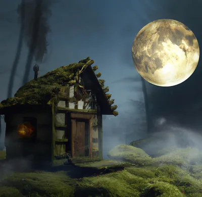 Mossy Cottage In A Misty Forest Under Full Moon