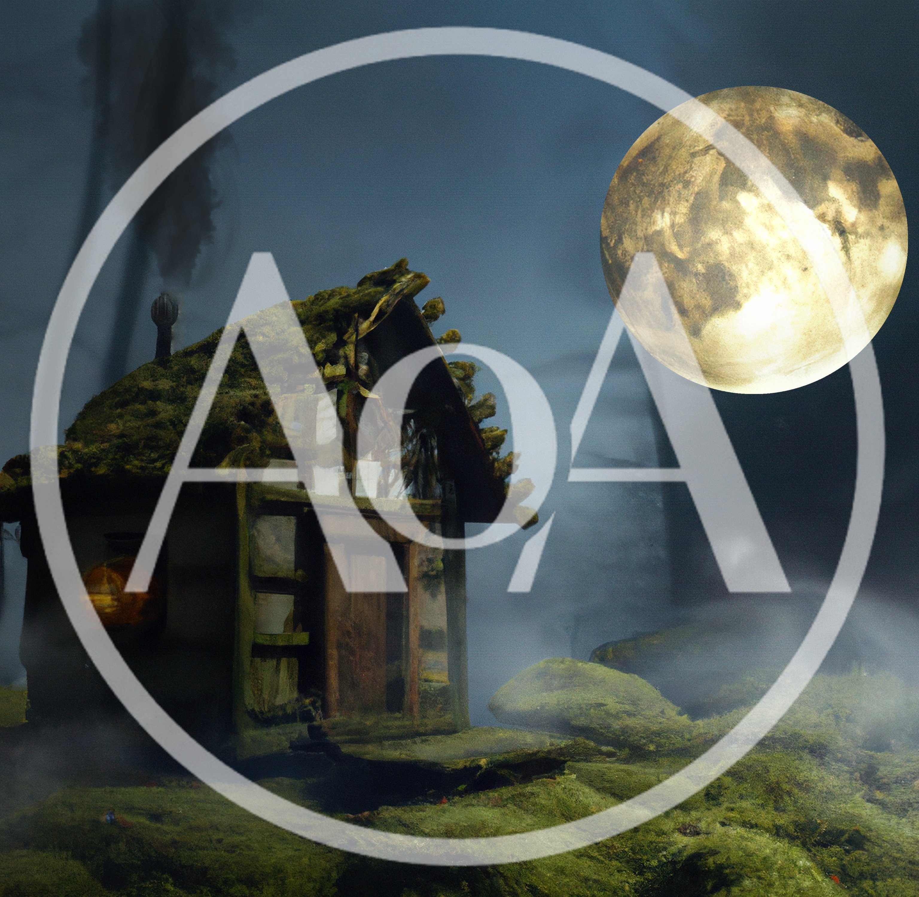 Mossy Cottage In A Misty Forest Under Full Moon