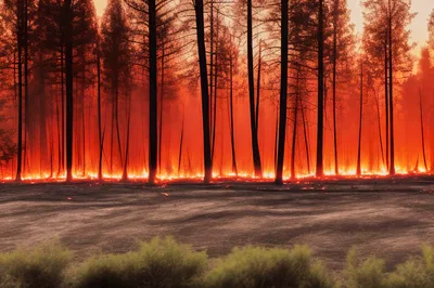 Intense Forest Fire Burning Through Pine Trees