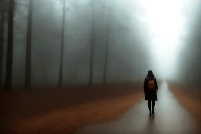 Person Walking Alone On A Foggy Forest Path