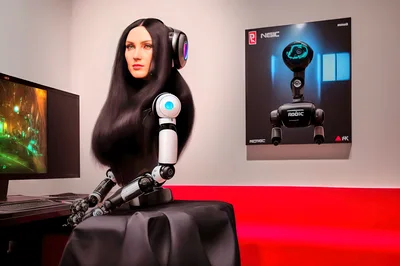 Humanoid Robot With Long Hair Sitting At Computer Desk