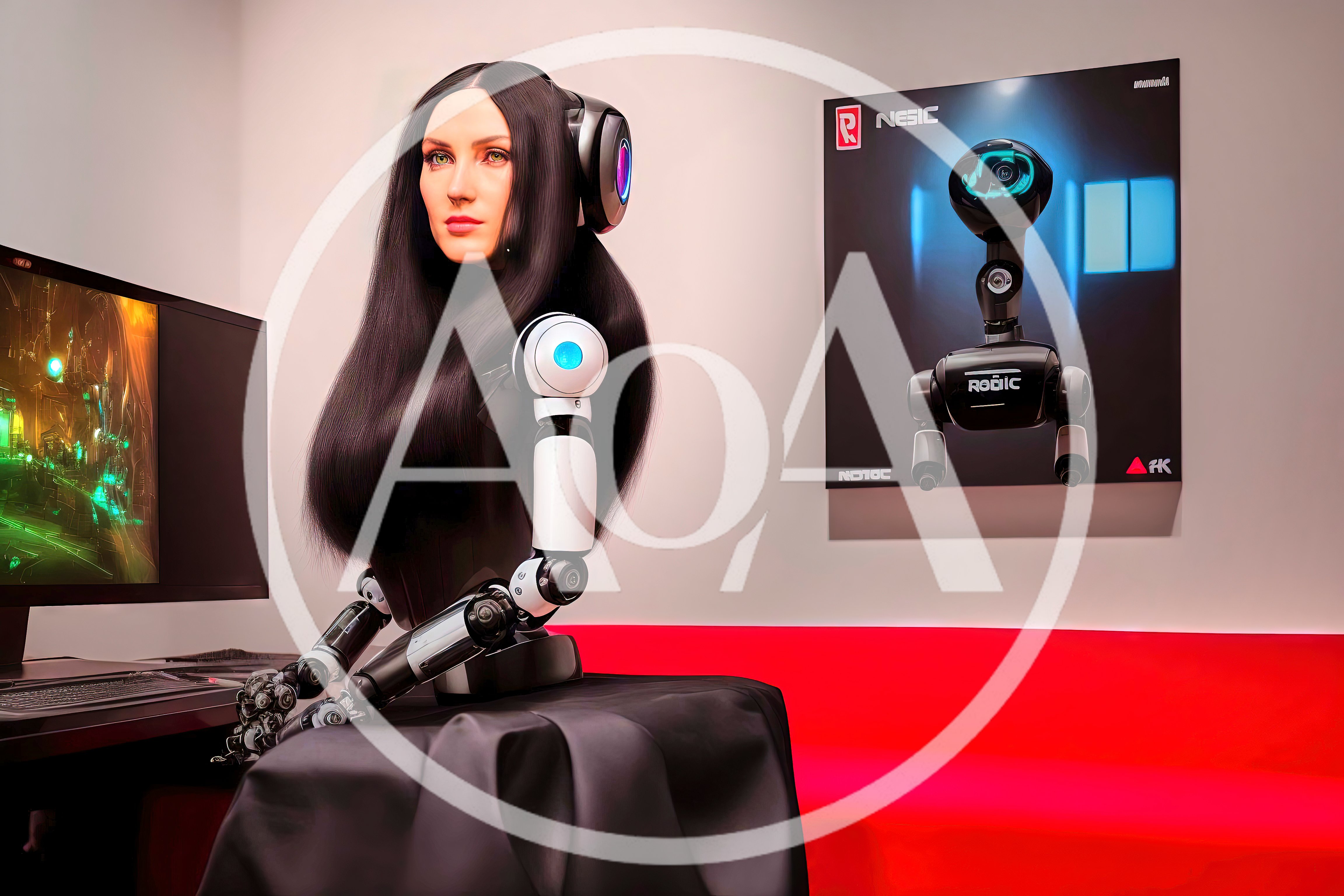 Humanoid Robot With Long Hair Sitting At Computer Desk