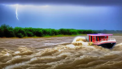 Red Houseboat Navigating Through Stormy Muddy River Waters