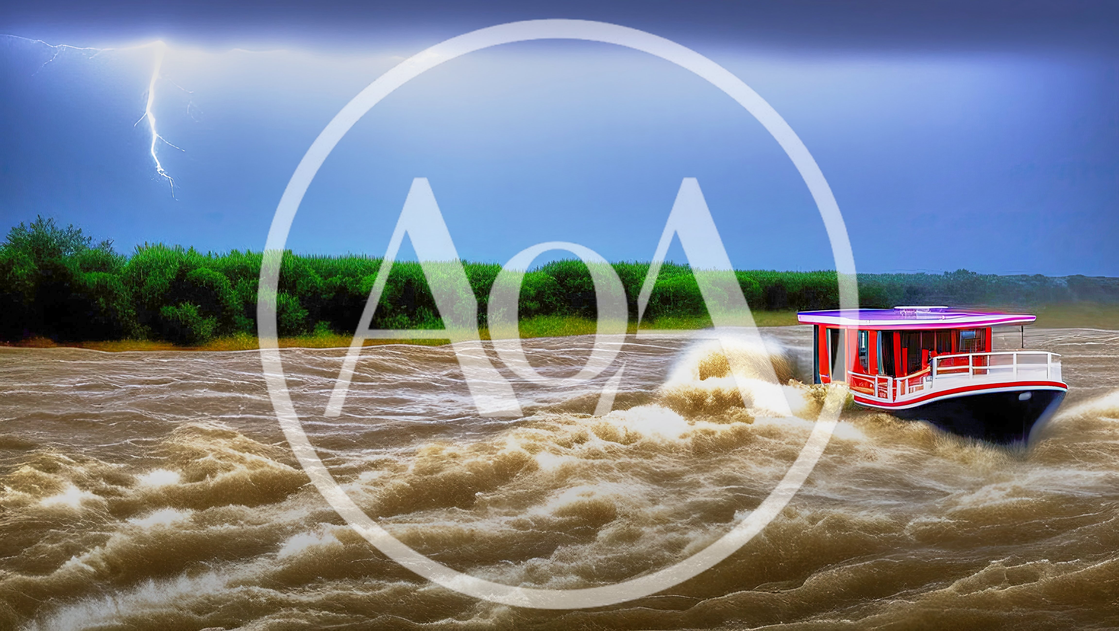 Red Houseboat Navigating Through Stormy Muddy River Waters