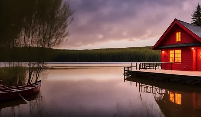 Red Cabin By A Calm Lake At Sunset