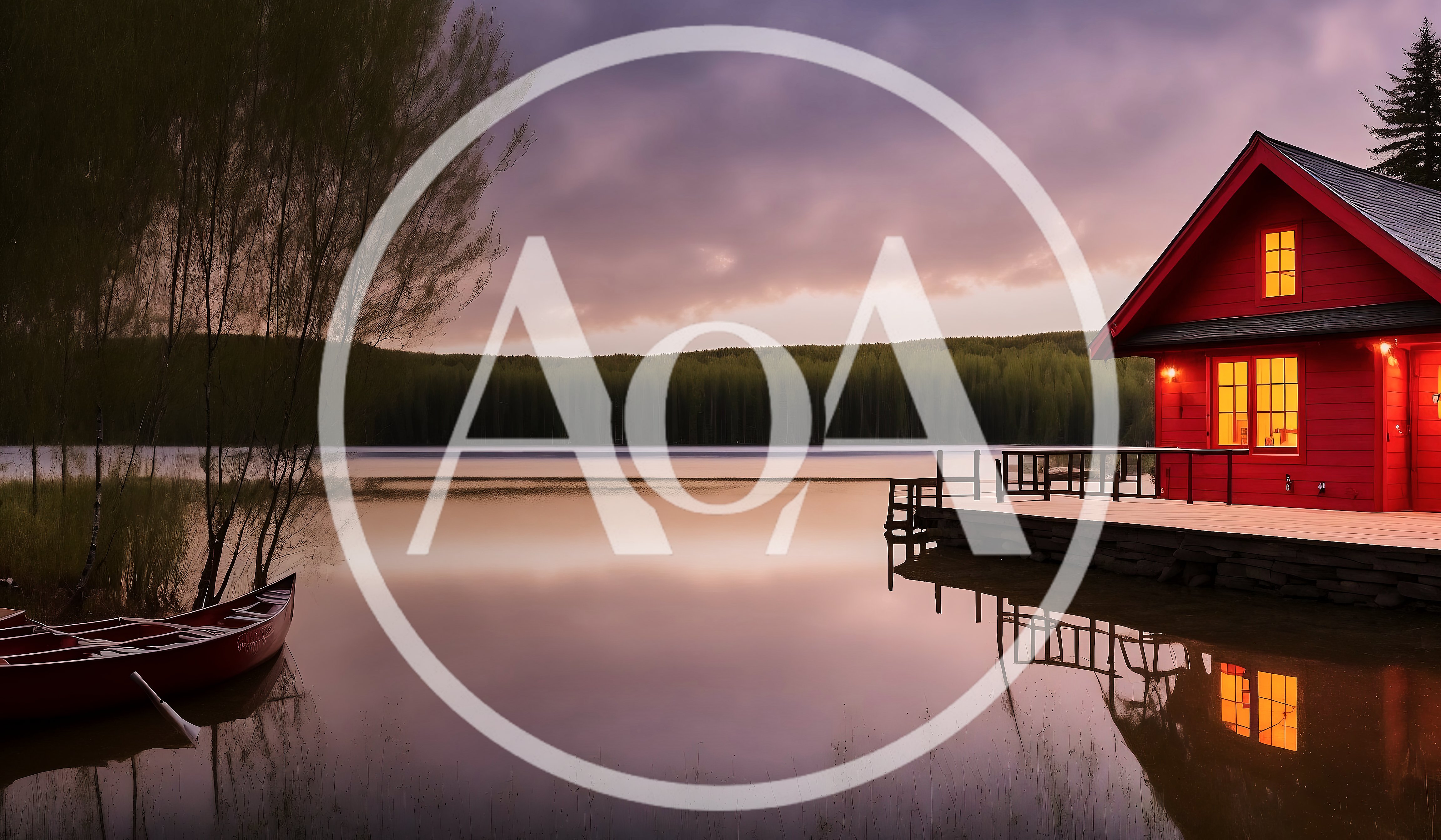 Red Cabin By A Calm Lake At Sunset