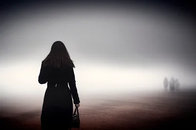 Woman Walking Alone Through Dense Foggy Landscape