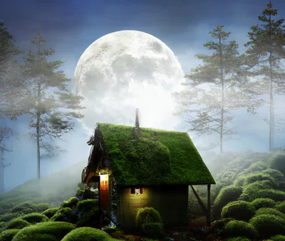 Small Mossy Cabin Under A Giant Full Moon