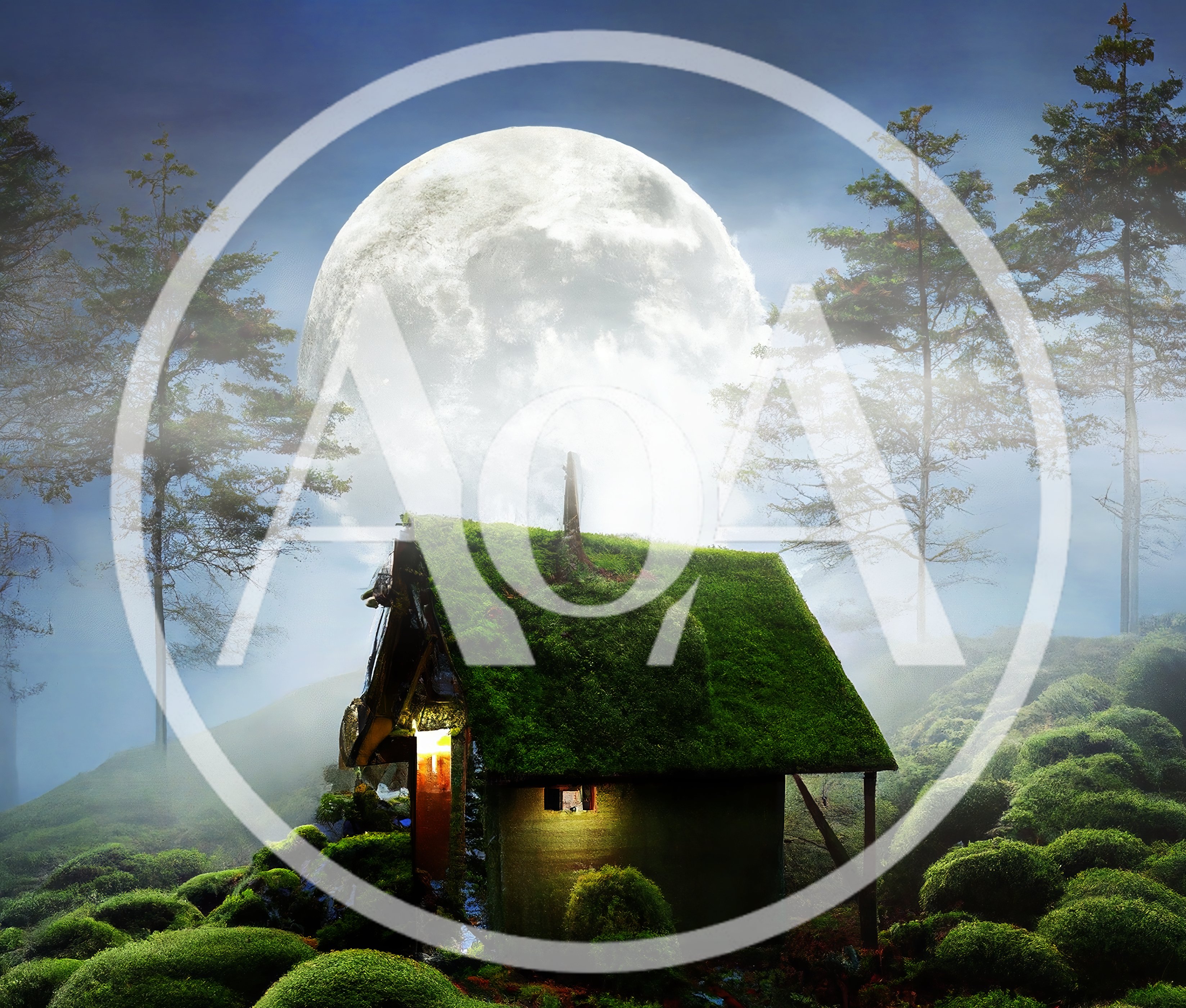Small Mossy Cabin Under A Giant Full Moon