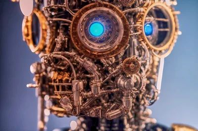 Steampunk Robot Head With Glowing Blue Eyes